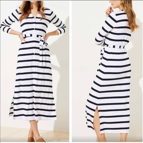 LOFT Dresses & Skirts - Loft Striped Maxi Ribbed Button up Shirt Dress M